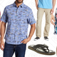 Floral Fireworks Silk Shirt, $50 | Retro Bungalow Cruiser Shirt, $50 | Austin Authentic Pant, $58 | Anchors Away Flip Flop, $55 | Naples Bastille Blooms Swim Trunk, $34